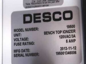Desco 19500 Anti Static, Bench Top Ionizer 120VAC, 5A, 117CFM